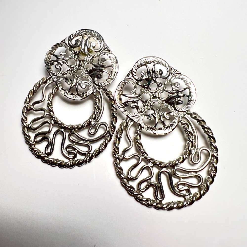 Vintage Large Silver Toned Earrings Marked Val Abstract